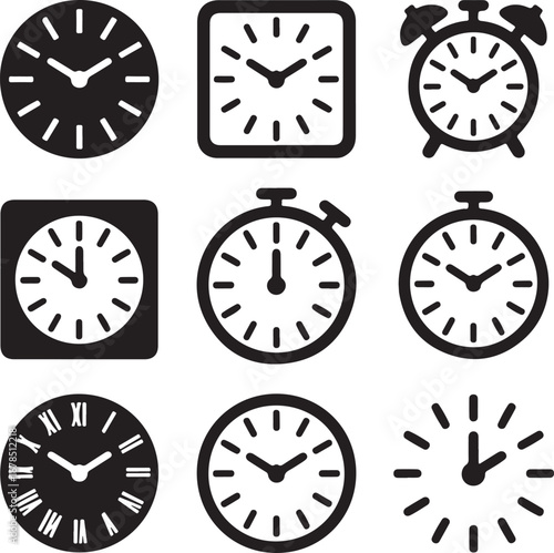 collection of various clock and watch icons in black and white