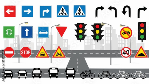Collection of traffic signs and symbols with vehicles and road elements.