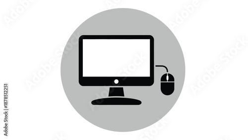 A computer monitor and mouse icon is displayed within a gray circle.