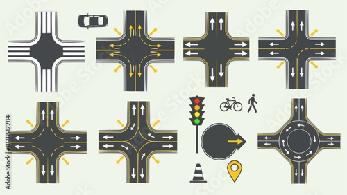 Set of road intersection types and traffic control elements.