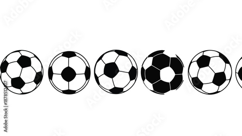 A row of black and white soccer balls are displayed in a line against a white background.