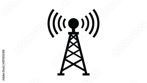 A stylized black and white illustration of a communication tower broadcasting radio waves.