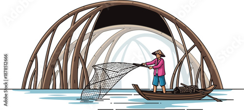 Fisherman casting net from small boat under large wooden bridge structure