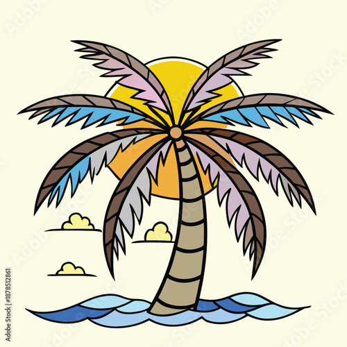 Palm tree silhouette vector illustration of a tropical island beach with ocean, sunset, and summer paradise scenery
