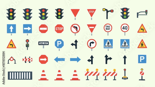 Collection of traffic signs and signals icons.