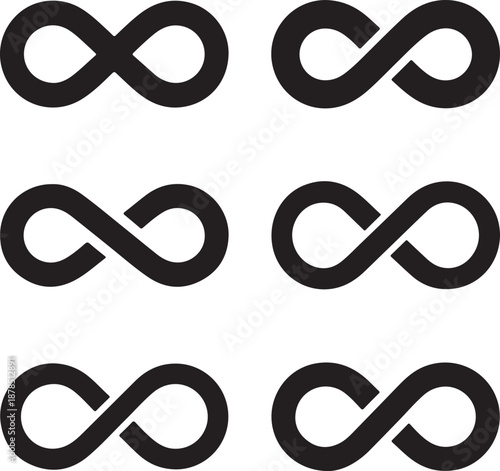 Eight infinity symbols in different orientations on transparent background