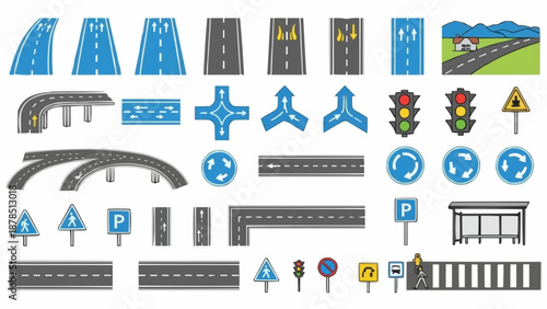 Collection of Road Elements and Traffic Signs.
