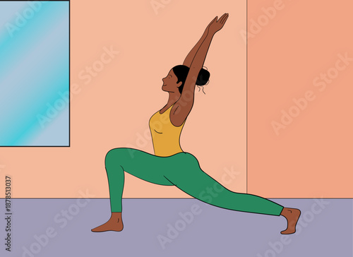 Woman in yoga pose with arms raised