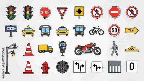 Collection of traffic signs and vehicles illustration.