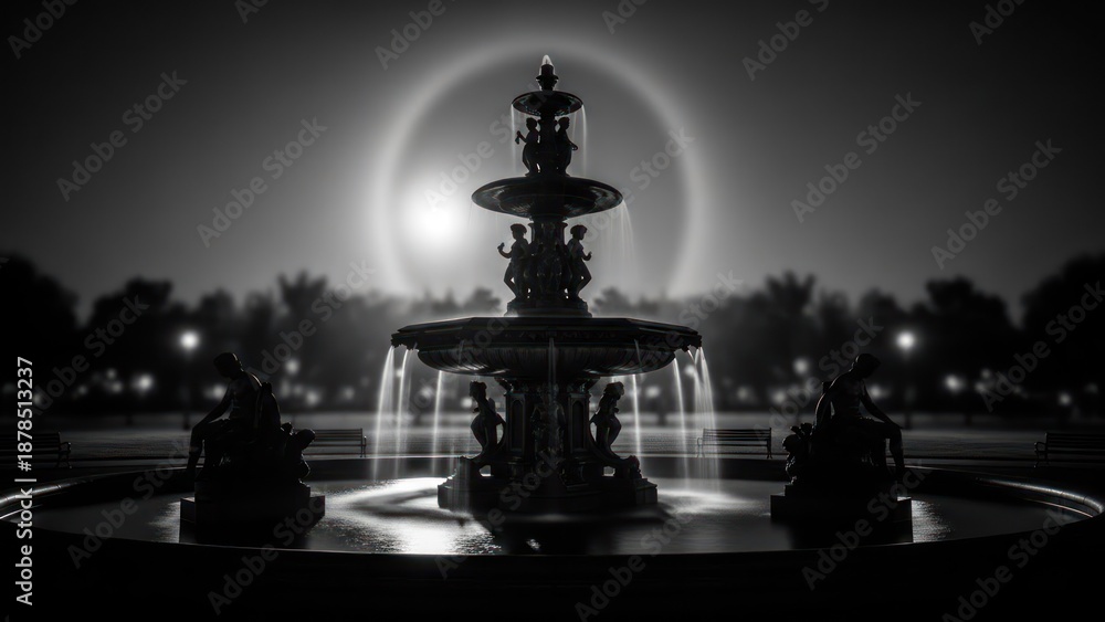 Fototapeta premium Ornate fountain with sculptures, water cascading, silhouette against sunset halo
