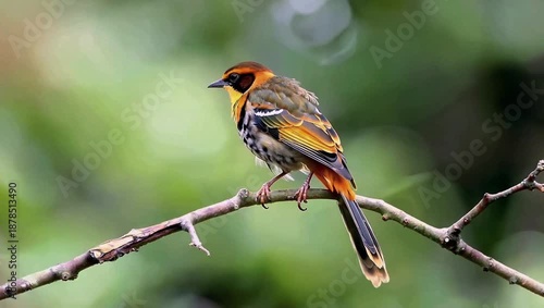 Colorful Songbird Perched on Branch with Soft Green Nature Background