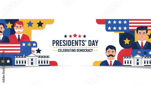 Flat vector President Day banner emphasizing American democracy with clean patriotic design and modern layout