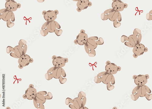 Cute Seamless Vector Pattern with Hand Drawn Teddy Bears and Red Bows