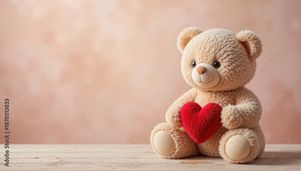 Obraz premium Adorable stuffed bear holding a red heart on a wooden surface
