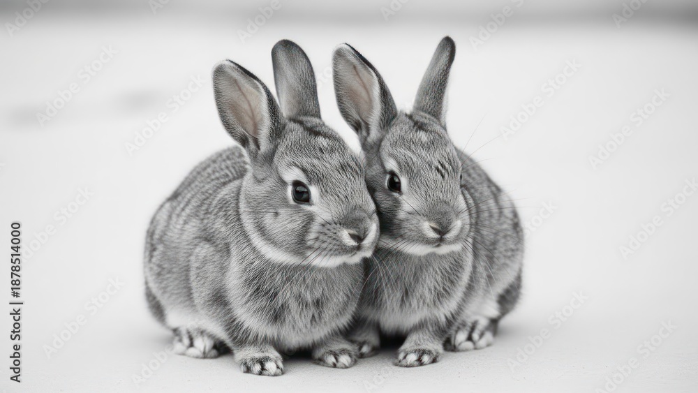 Obraz premium Two fluffy grey bunnies huddle together on a snowy white ground, ears perked