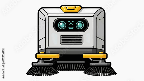 A robotic vacuum cleaner with brushes and digital eyes is cleaning the floor from a front viewpoint.