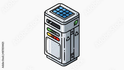 Illustration of a vending machine with solar panels on top, standing alone in a neutral environment, viewed from the front