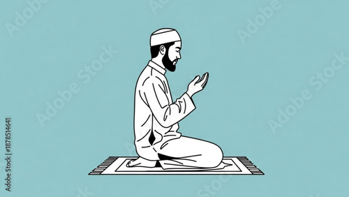 Muslim man praying on a rug traditional Islamic clothing spiritual devotion minimalist illustration on blue background