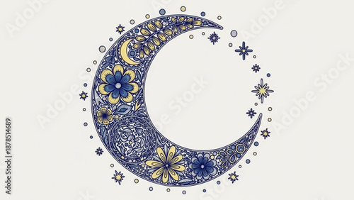 Ornate crescent moon with floral patterns and stars whimsical night sky illustration for fantasy or celestial themes isolated on cream b