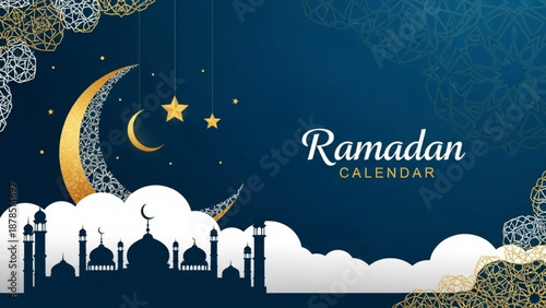 Ramadan calendar with crescent moon stars and mosque silhouettes Islamic holiday greeting blue and gold design for celebration