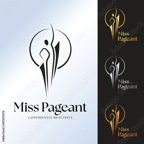 Miss pageant logo - Black gold silver and bronze  tone line lady pageant in circle ring and tab bar around vector design