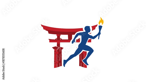 Runner holding torch near traditional Japanese gate, illustration of athletic event, cultural landmark, symbolic scene, action shot