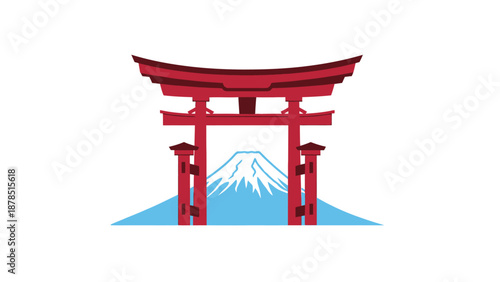 A serene red Torii gate stands before a majestic mountain landscape illustration from a low viewpoint