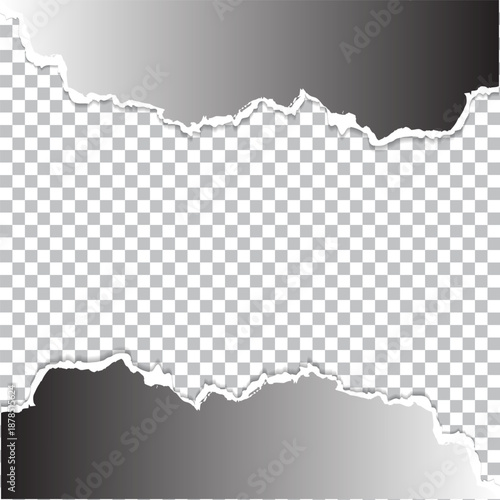 Vector realistic seamless torn paper edge. Ripped white paper strips and soft shadow