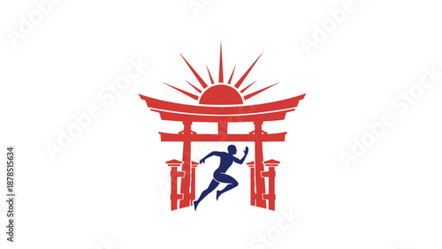 Athlete running through traditional Japanese gate with rising sun symbolizing energy and culture in graphic illustration from unique perspective