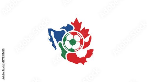 A soccer ball is depicted within a circular emblem surrounded by map silhouettes of Canada in a graphic illustration from a frontal viewpoint.