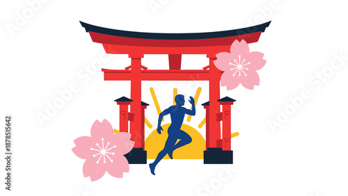 A martial artist practices in front of a traditional Japanese torii gate with cherry blossoms