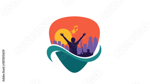 A person celebrating success with raised arms against a vibrant cityscape at sunset with wavy lines and lightbulb