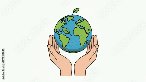 Hands cradling a vibrant green and blue Earth with leaves