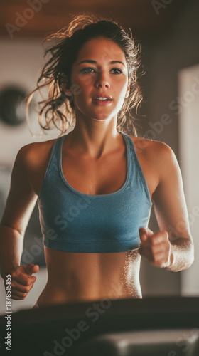 Hispanic female runner jogging on a treadmill in a home gym. Everyday indoor cardio fitness moment. Modern wellness lifestyle, healty lifestyle. Young woman cardio training.