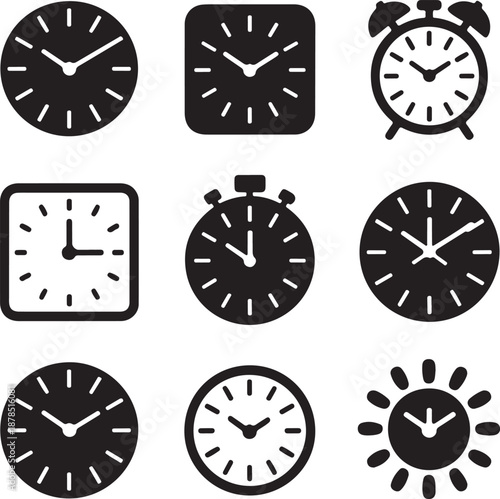 Various clock and watch icons in black and white