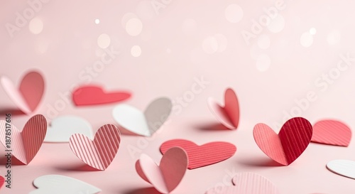 Pink and white paper hearts scattered on a pink background with bokeh lights.