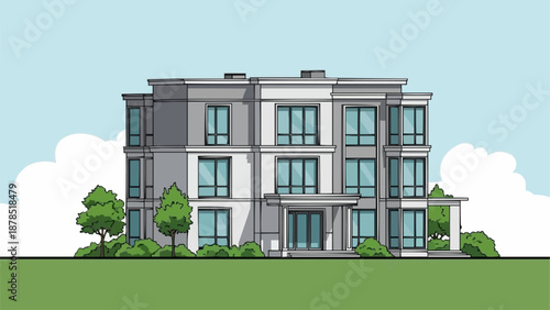 Modern Apartment Building Exterior Facade with Windows and Trees.
