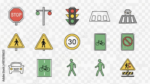 Collection of traffic and road signs icons.