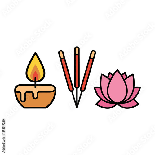 Diya lamp incense sticks and lotus flower for spiritual worship