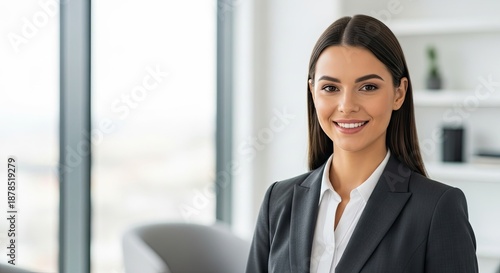 A confident businesswoman in a suit standing in an office with a window in the background. Free Download A confident businesswoman in a suit standing in an office with a window in the background. - GFXLoad