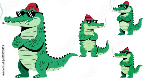 Cool cartoon alligator character set featuring a stylish reptile wearing sunglasses and a red beanie smoking a cigarette illustration collection