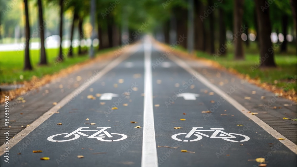Obraz premium Bike Sharing & Digital Access Bicycle lane surrounded by trees with fallen leaves, perfect for outdoor activities.