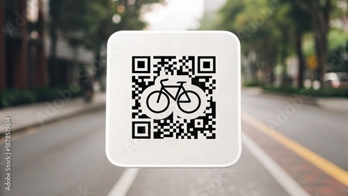 Bike Sharing & Digital Access QR code for bike rental on a city street, promoting urban cycling and sustainability.