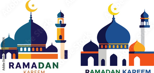 Two colorful stylized mosque silhouettes featuring crescent moons and minarets represent the holy Islamic observance of Ramadan Kareem celebrations.