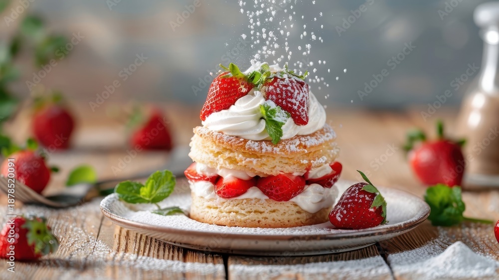 Obraz premium A close-up of a strawberry shortcake with fluffy biscuits, whipped cream, and strawberries.