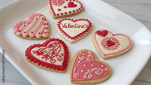 Overhead Valentine Sugar Cookies on White Plate with Pink and Red Royal Icing
