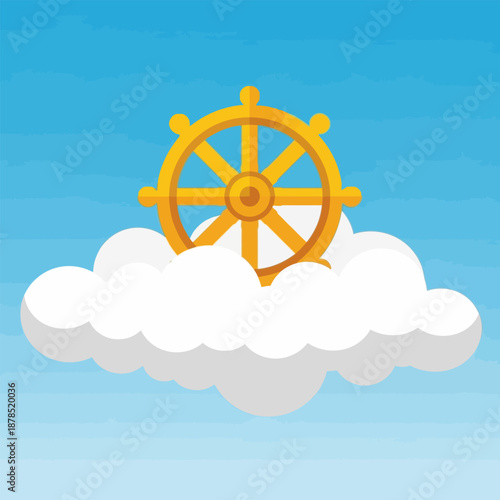 Dharmachakra wheel of law on a cloud symbolizing Buddhism spiritual enlightenment hope