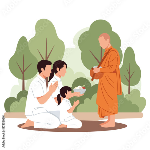 Family offers alms to a monk in a serene natural setting