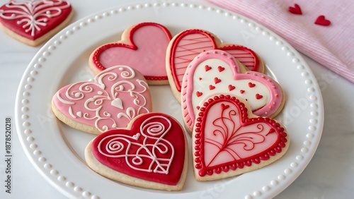 Overhead Valentine Sugar Cookies on White Plate with Pink and Red Royal Icing
