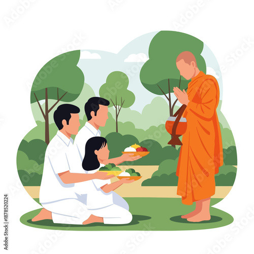 Buddhist monk receiving alms from people in a devotional outdoor setting
